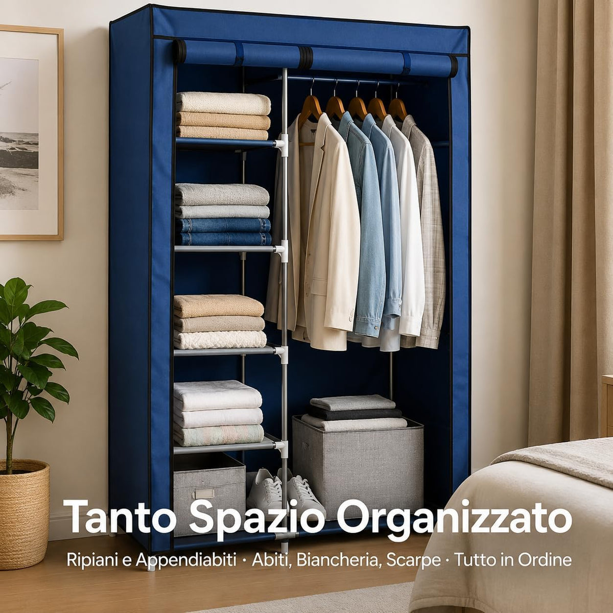 Pratico armadio guardaroba in tessuto blu con ripiani e appendiabiti per organizzare vestiti in camera.