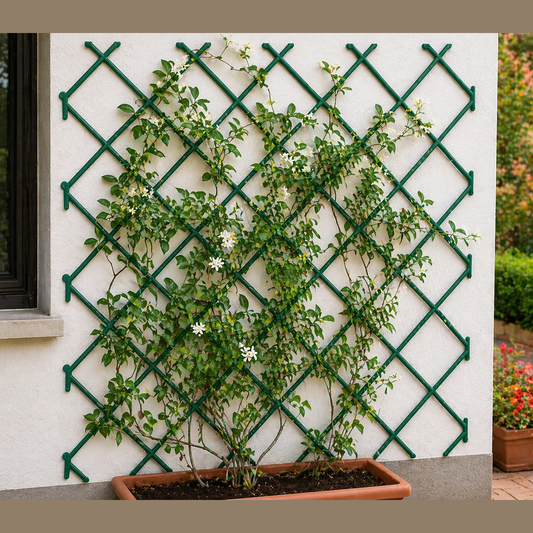 Traliccio in plastica per rampicanti verde 1x1 fissato a parete con pianta rampicante e fiori bianchi.