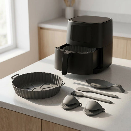 Set di accessori friggitrice ad aria in silicone grigi con stampo, spatola, pennello e guanti accanto alla friggitrice.