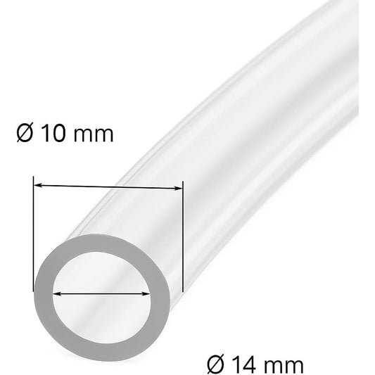 Dettaglio con diametro interno Ø 10 mm ed esterno Ø 14 mm del tubo pvc trasparente per alimenti.