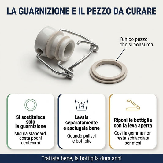 Guida alla cura della guarnizione per bottiglie in vetro con tappo a leva con consigli di pulizia e conservazione.