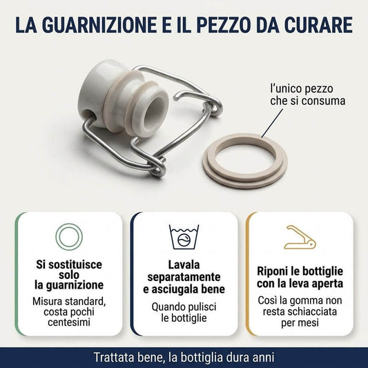 Guida alla cura della guarnizione per bottiglie in vetro con tappo a leva con consigli di pulizia e conservazione.