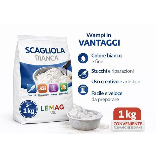 Sacco da 1 kg di gesso scagliola bianca LEMAG per stucchi, riparazioni e decorazioni artistiche, ideale per rifiniture precise.