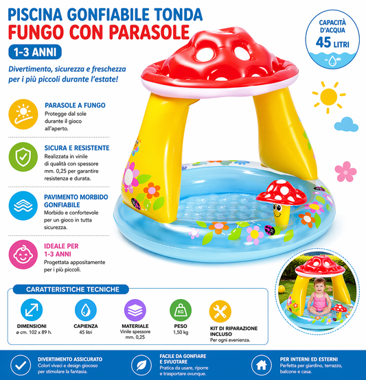 Piscina Gonfiabile Fungo con Parasole Bambini 102x89 cm - Lemag srl