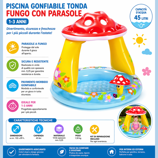 Dettagli della piscina gonfiabile bambini con parasole a fungo con caratteristiche tecniche, dimensioni e capacità di 45 litri.
