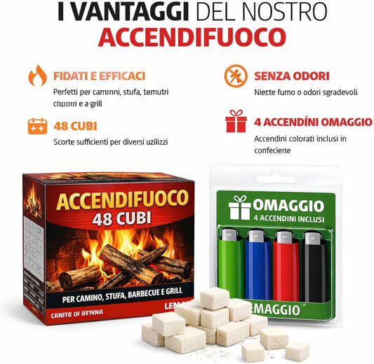 Accendifuoco 48 Cubi per Camino, Stufa e Barbecue + 4 Accendini - Lemag srl