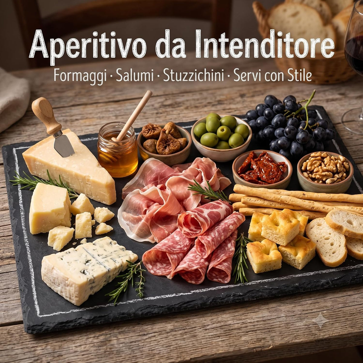 Set di vassoi effetto lavagna per servire un aperitivo con formaggi, salumi e stuzzichini su un tavolo di legno.