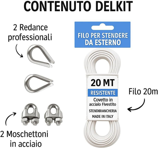 Filo Stendibiancheria Acciaio Rivestito 20 m con Moschettoni e Redance – Corda Bucato Esterno Resistente per Balcone e Terrazzo – Made in Italy - Lemag srl