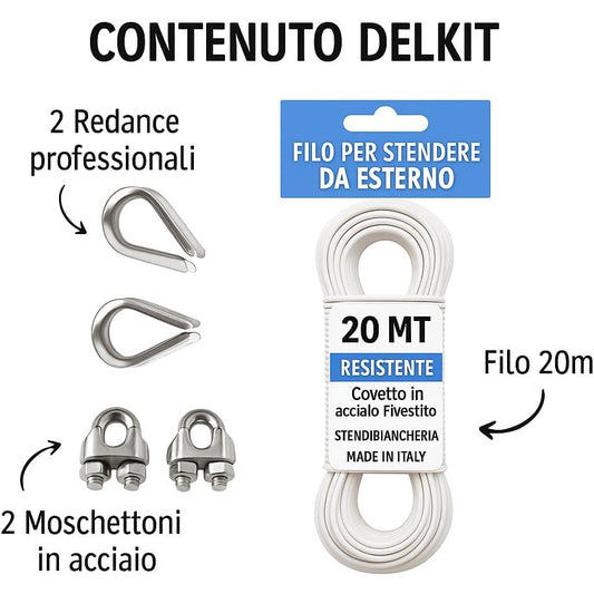 Contenuto del kit: filo stendibiancheria in acciaio da 20 metri, 2 redance professionali e 2 moschettoni di fissaggio per bucato.