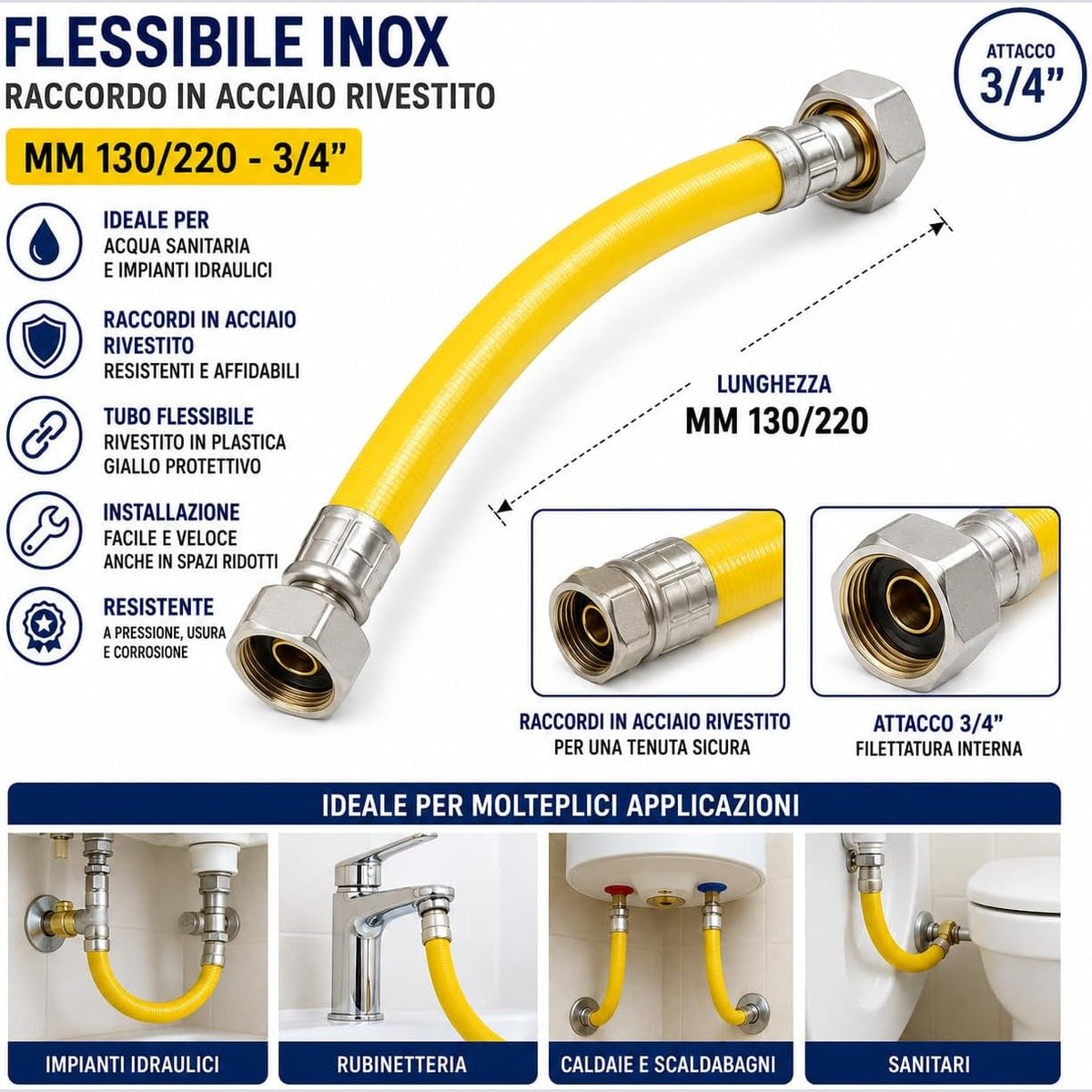 Tubo flessibile inox per acqua con attacchi da 3/4, estensibile 130-220 mm per caldaie e rubinetti.