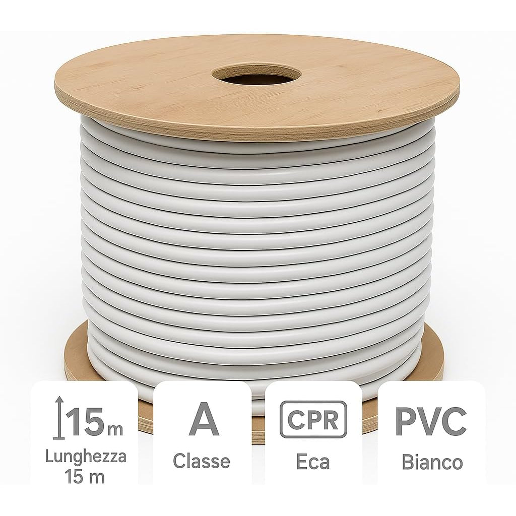 Matassa di cavo coassiale 17VAtC da 15 metri in classe A con guaina bianca in PVC per impianti TV e satellite.