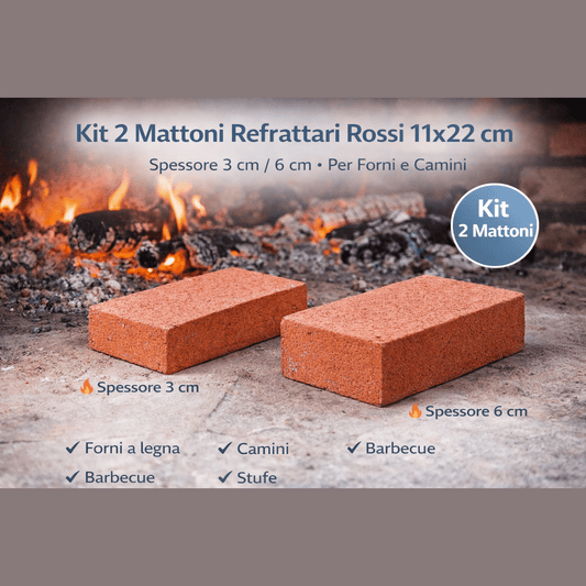 Kit da 2 mattoni refrattari per forni rossi da 11x22 cm con spessore di 3 cm e 6 cm per camini.