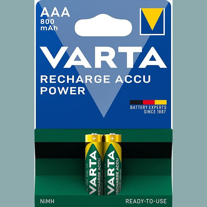 Confezione da 2 pile ricaricabili aaa varta Ready2Use da 800 mAh pronte all'uso per dispositivi elettronici.