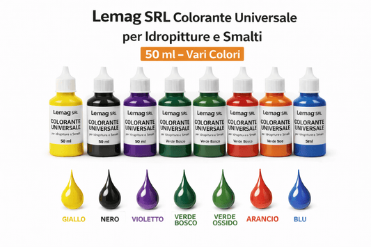 Flaconi di colorante universale per idropitture Lemag da 50 ml in vari colori con gocce abbinate.