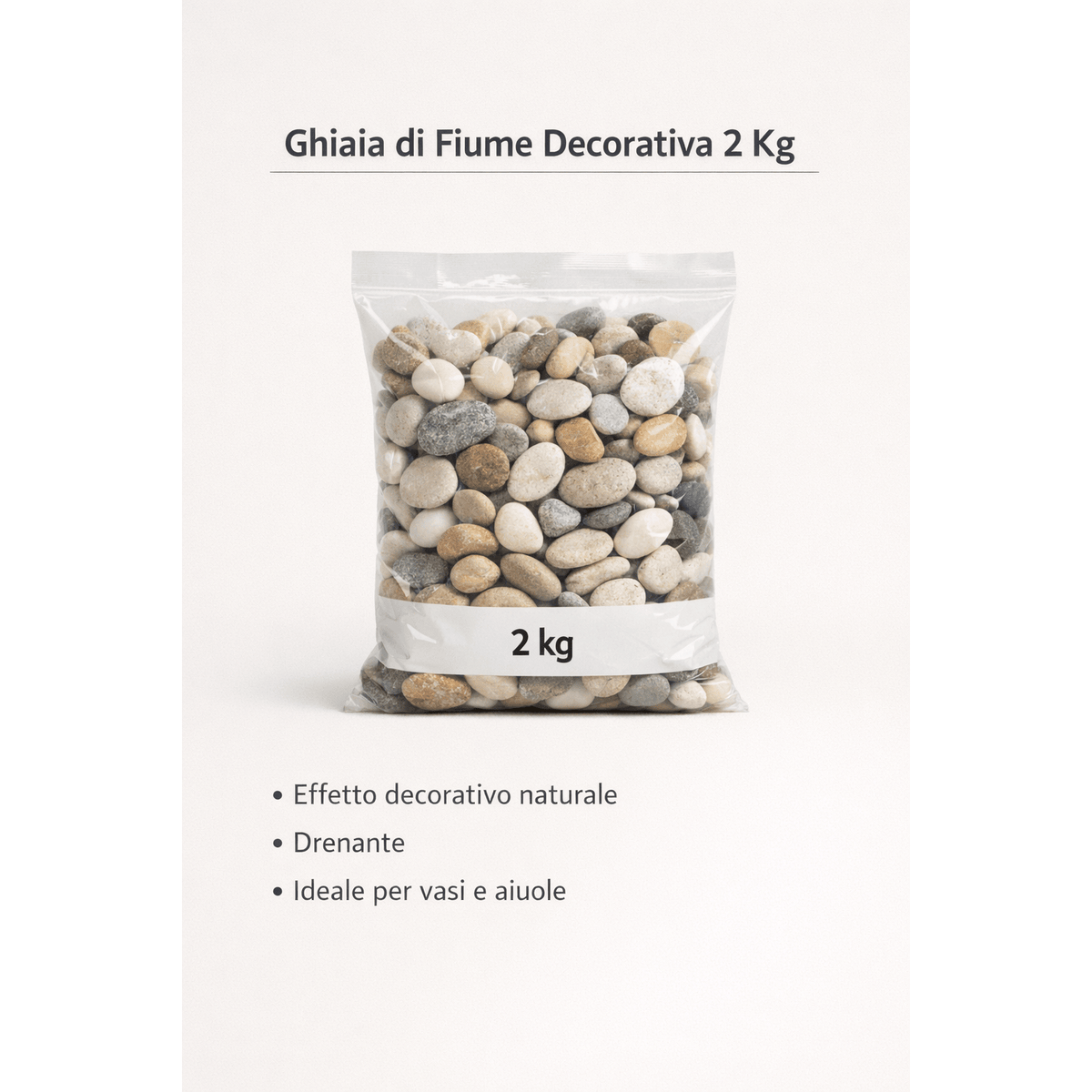 Sacco da 2 kg di ghiaia di fiume decorativa drenante per la decorazione di vasi e aiuole.