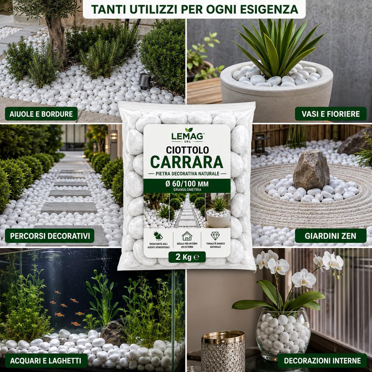 Ciottolo Carrara Bianco Ø 60/100 mm in Big Bag da 2 kg Pietra Decorativa Naturale per Giardino Aiuole Vasi Interno Esterno - Lemag srl