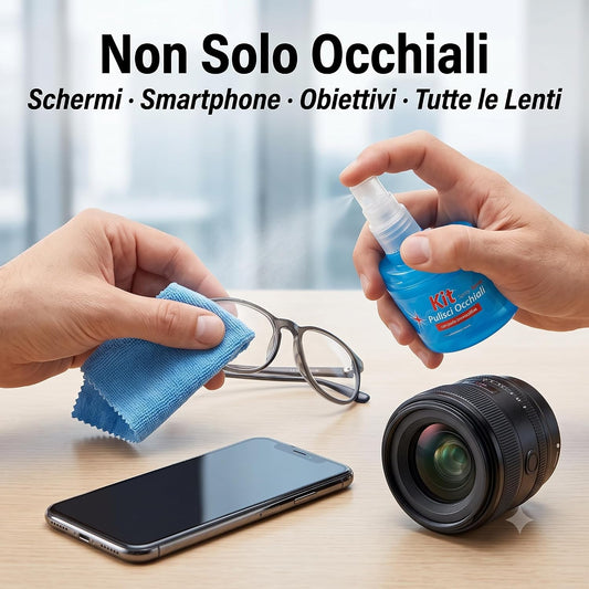 Kit pulizia occhiali con spray e panno in microfibra per pulire lenti di occhiali, schermi di smartphone e obiettivi.