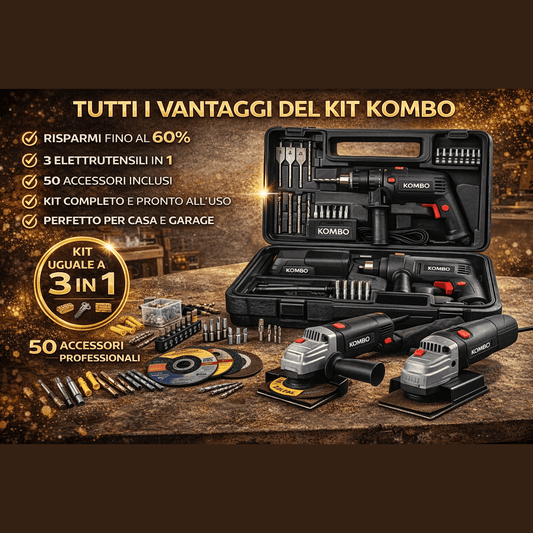 Kit Kombo con valigetta elettroutensili fai da te, trapano a percussione, smerigliatrici e 50 accessori professionali.