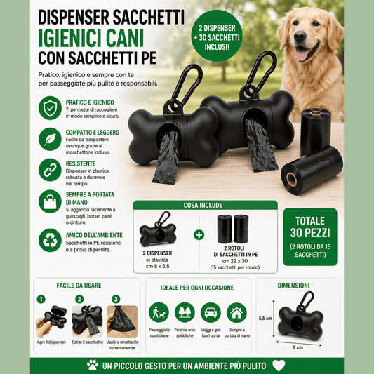Kit dispenser sacchetti cani nero a forma di osso con moschettone, 2 dispenser e 30 sacchetti igienici inclusi.