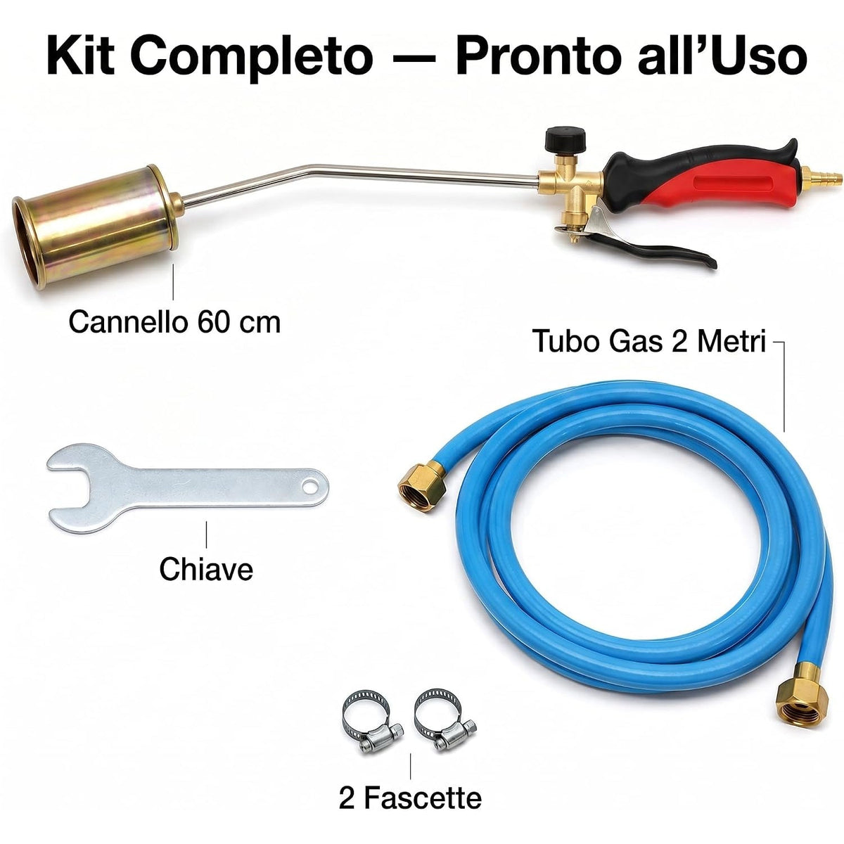 Kit completo pronto all'uso con cannello a gas gpl da 60 cm, tubo gas da 2 metri, chiave e due fascette.