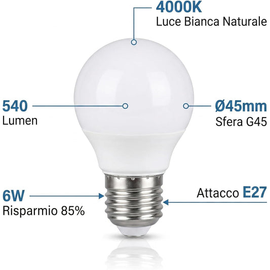 Specifiche delle lampadine led e27 sfera G45 da 6W: 540 lumen, luce bianca naturale 4000K e risparmio energetico dell'85%.