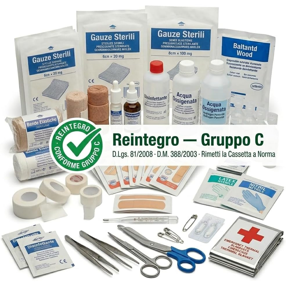Contenuto del kit reintegro pronto soccorso gruppo c conforme alle norme D.Lgs. 81/2008 per la sicurezza aziendale.