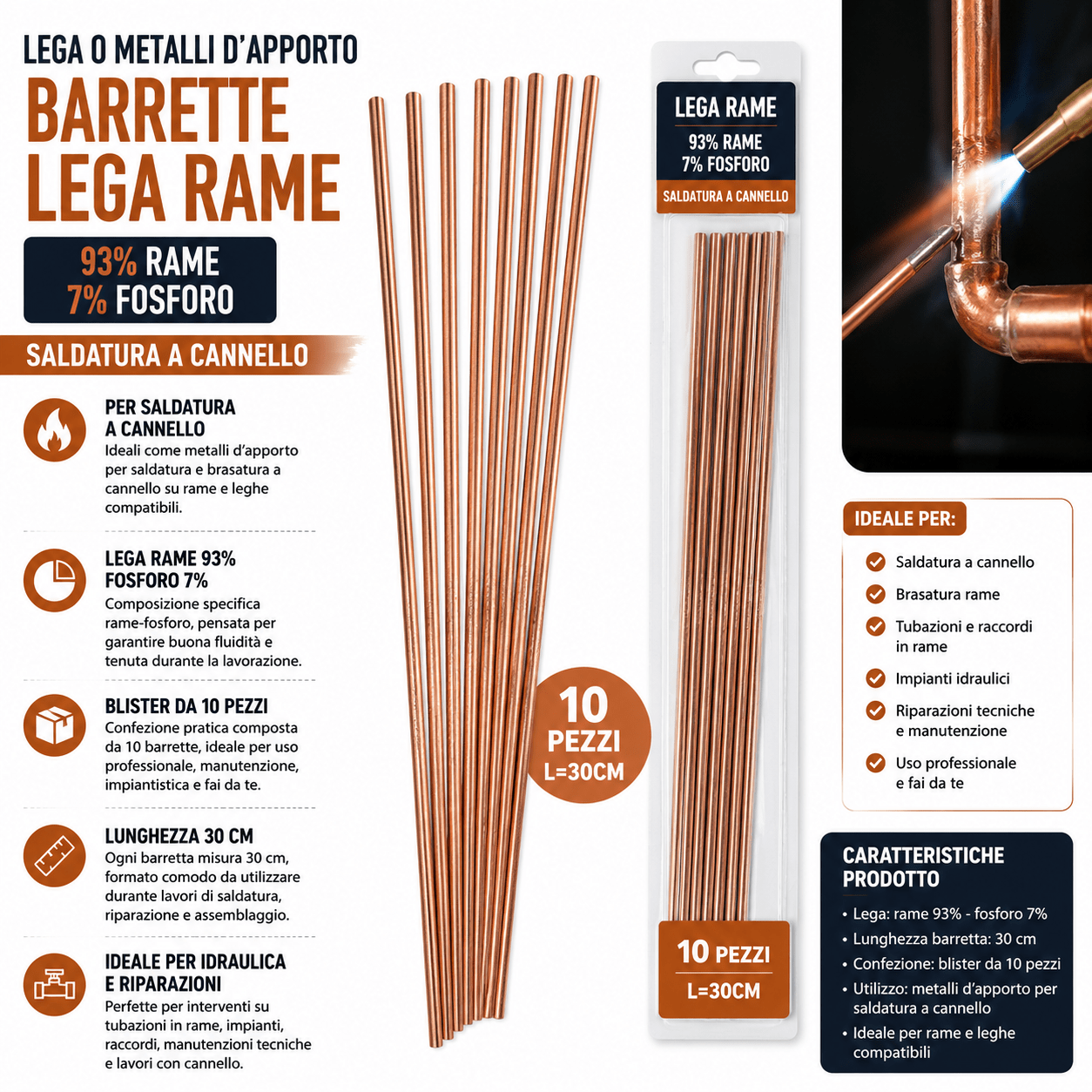 Blister da 10 pezzi di barrette per saldatura rame da 30 cm in lega rame fosforo per brasatura professionale a cannello.