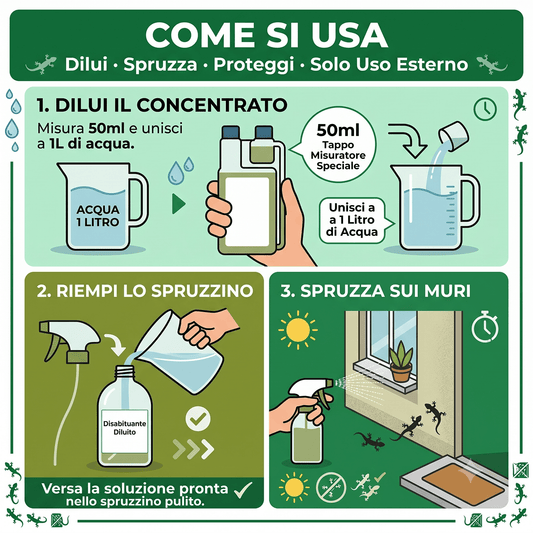 Come usare il disabituante per gechi concentrato: infografica con istruzioni per diluire, versare nello spruzzino e spruzzare sui muri.