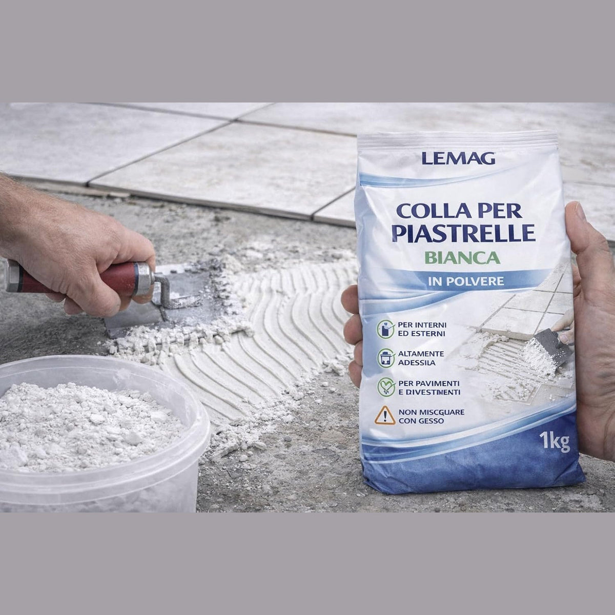 Confezione di colla per piastrelle bianca Lemag da 1 kg per la posa e l'applicazione su pavimenti e pareti.