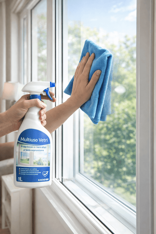 Utilizzo del pulitore vetri senza aloni spray con un panno in microfibra per pulire una finestra di casa senza lasciare striature.