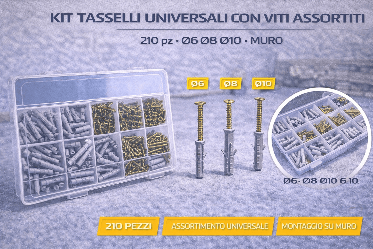 Kit Tasselli Universali con Viti Assortiti 210 pz Ø6 Ø8 Ø10 Muro - Lemag srl