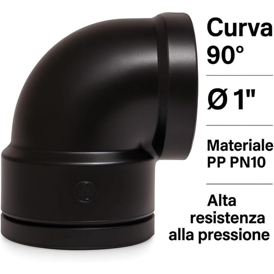 Gomito polipropilene 1 pollice nero con curva a 90 gradi, raccordo femmina-femmina PN10 ad alta resistenza alla pressione.