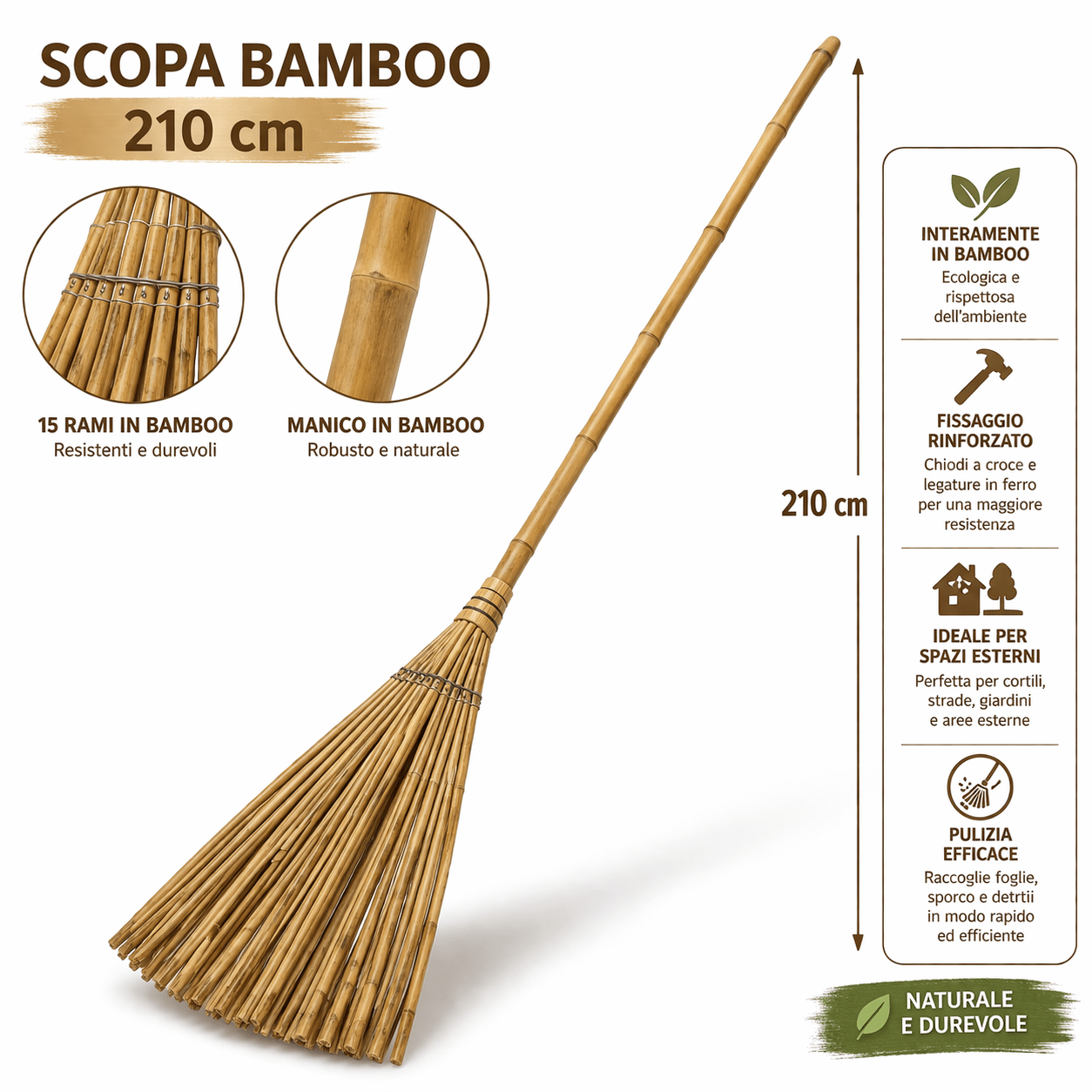 Scopa Bamboo 210 cm Scopa da Esterno Giardino Strade Cortili Resistente - Lemag srl