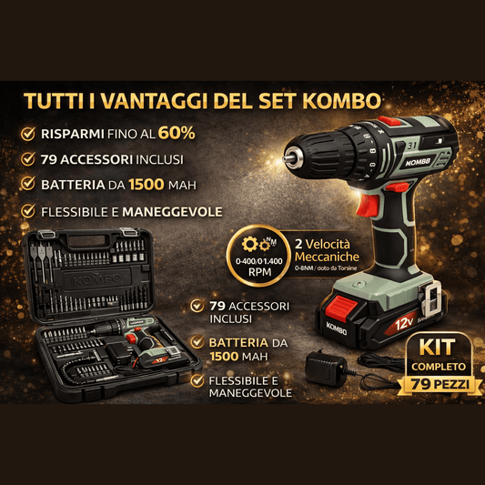 Valigetta e trapano avvitatore a batteria con accessori Kombo con 2 velocità meccaniche e batteria 1500 mAh.
