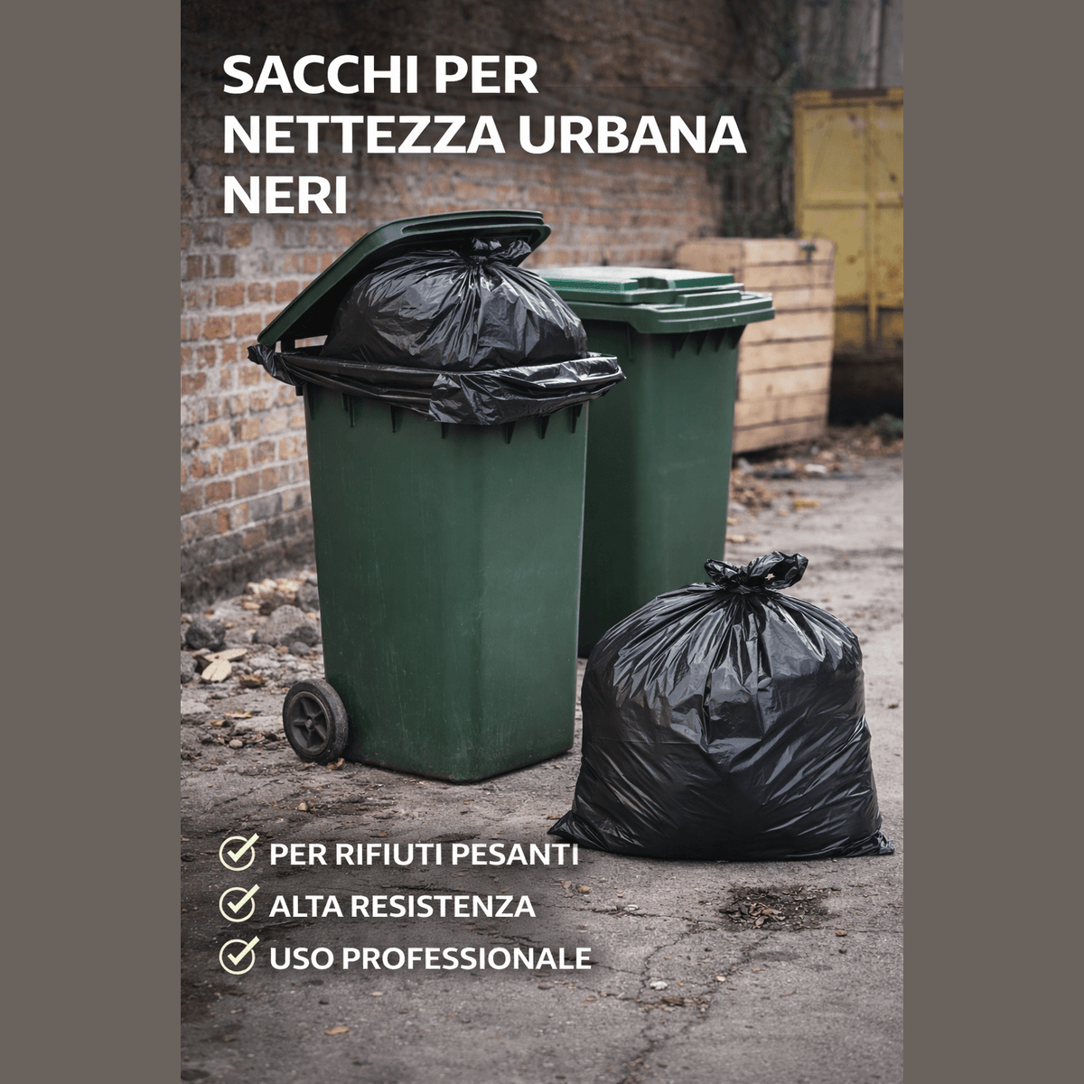 Sacchi neri nettezza urbana ultra resistenti da 50 micron per rifiuti pesanti in bidoni della spazzatura condominiali.