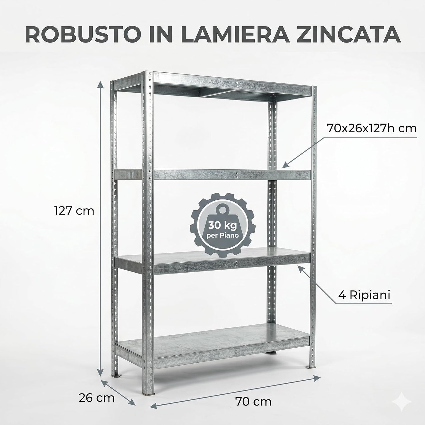 Scaffale in Metallo 4 Ripiani 70x26x127h cm – Scaffalatura in Lamiera Zincata Portata 30 kg per Piano – Scaffale Garage Cantina Magazzino con Fissaggio a Parete Incluso - Lemag srl