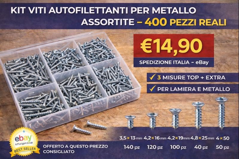 Kit assortito da 400 viti autofilettanti per metallo a testa svasata con pratica scatola organizer.