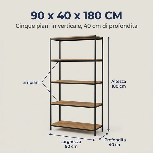 Scaffale industriale 5 ripiani acciaio verniciato 90x40x180 cm, montaggio senza attrezzi.