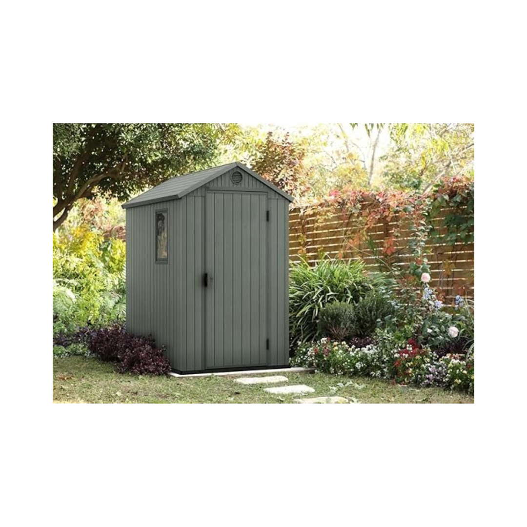 Keter Casetta da Giardino Darwin 4x6, Finitura Effetto Legno, Colore Verde Salvia, 2 m², 125,8x184,5x205H cm