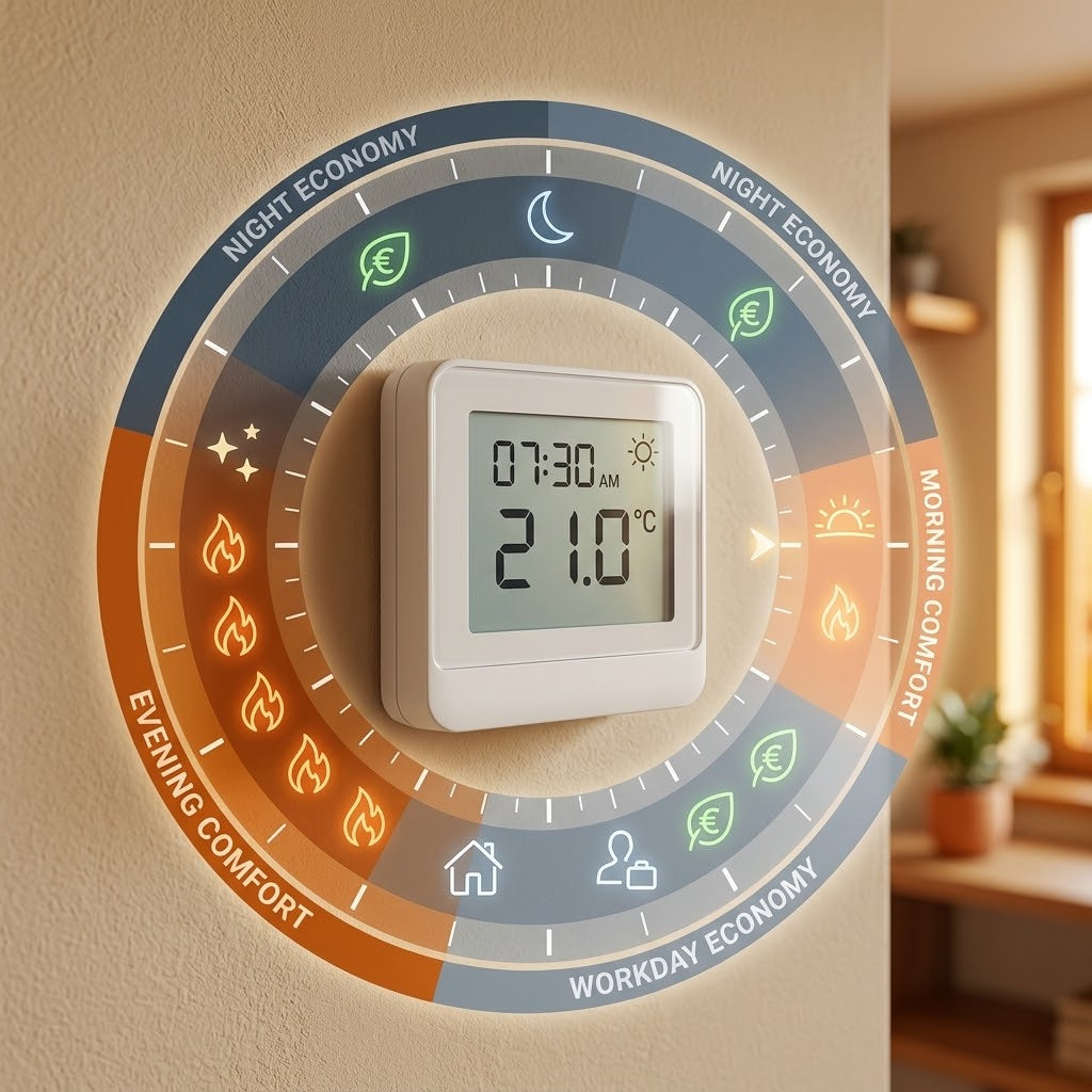 Cronotermostato digitale a parete con display retroilluminato e programmazione per riscaldamento e condizionamento.