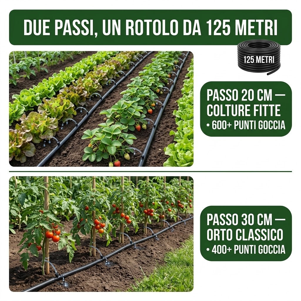 Manichetta Gocciolante Leggera Tape Ø 16 mm — Rotolo 125 m, Ala Gocciolante Piatta per Irrigazione a Goccia di Orto, Campo e Serra — Passo Gocciolatori 20 o 30 cm