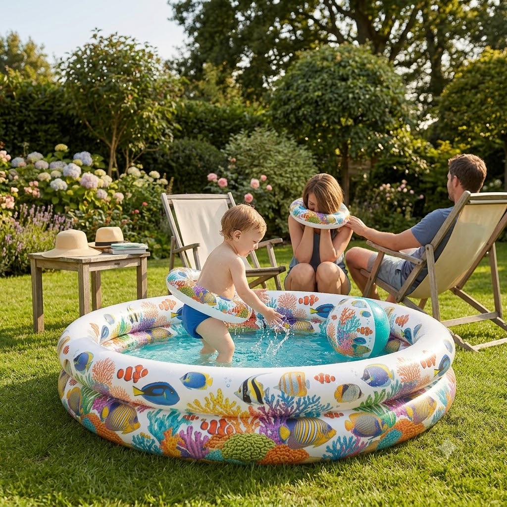 Piscina Gonfiabile Bambini Barriera Corallina 122x20 cm a 2 Anelli con Palla e Salvagente Inclusi — Piscinetta Gioco da Giardino e Terrazzo con Fantasia Pesciolini, per Bambini