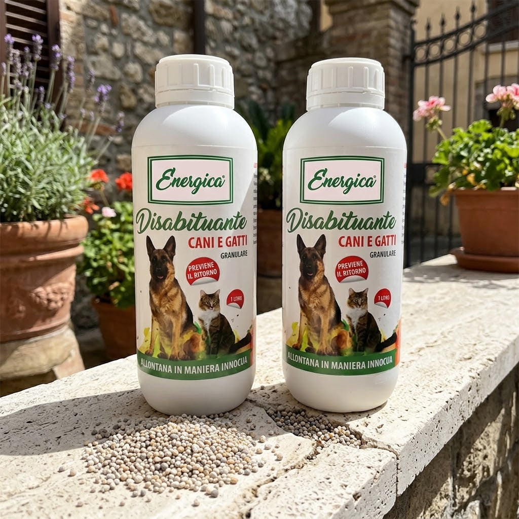 Set di due bottiglie di disabituante granulare repellenti naturali per cani e gatti, con essenze naturali.