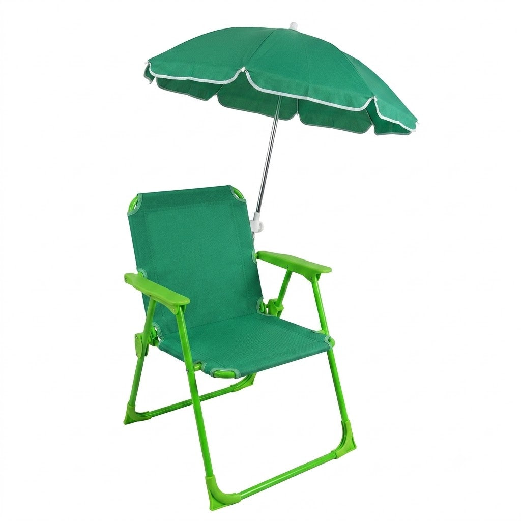 Sedia da Spiaggia per Bambini con Ombrellino Parasole — Seggiolina Pieghevole in Tessuto Oxford con Braccioli, 40x37x26/52 cm, Verde, per Mare, Giardino e Campeggio