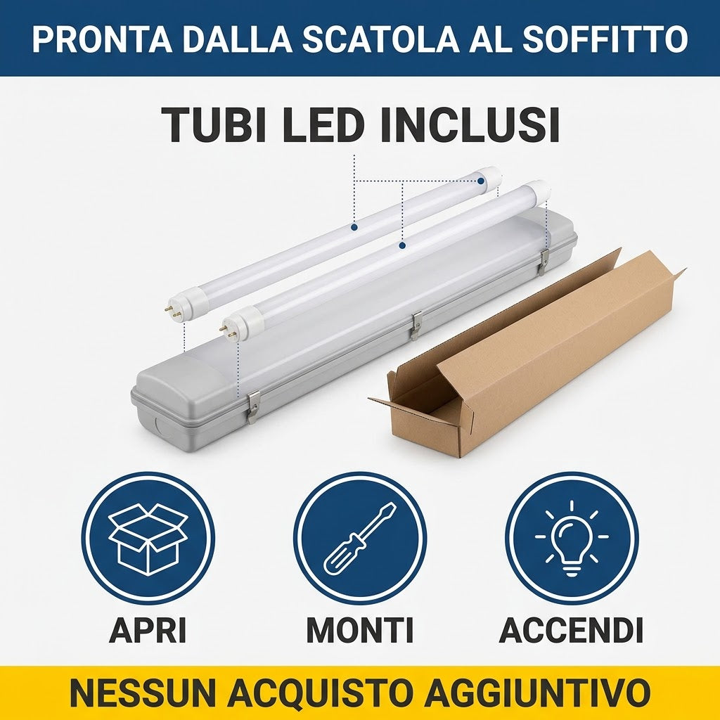 Plafoniera Stagna LED IP6 T8 4000K Inclusi — Lampada Soffitto Impermeabile per Box, Cantina, Ripostiglio — Monti e Accendi