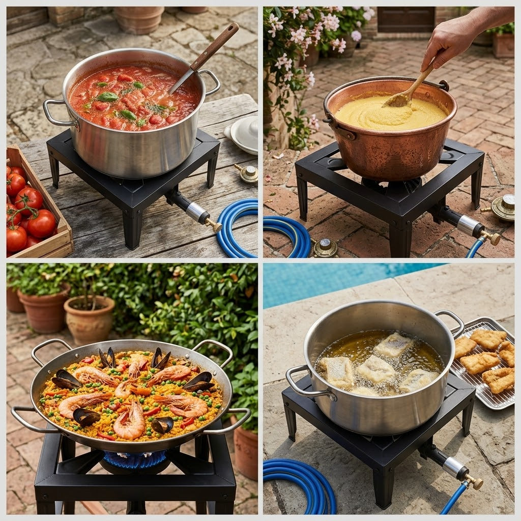 Fornellone a Gas in Acciaio Verniciato — Bruciatore in Ghisa 8,5 kW con Rubinetto di Regolazione, Kit Completo Tubo Gas 2 m + Regolatore + Adattatore, per Cucina all'Aperto