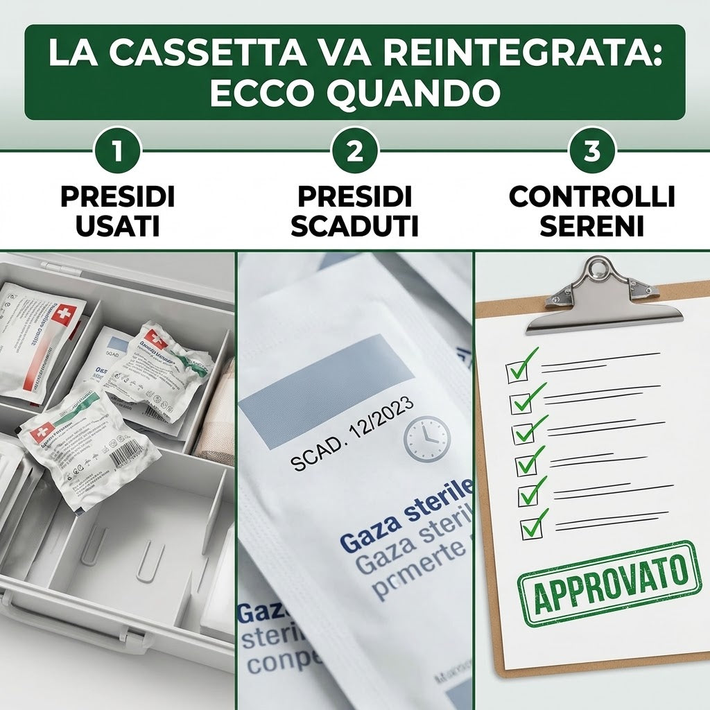 immagine che mostra quando reintegrare la cassetta di pronto soccorso con presidi usati e scaduti