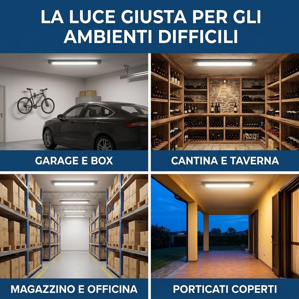 lampada soffitto impermeabile LED IP65 per garage, cantina, magazzino e porticati coperti
