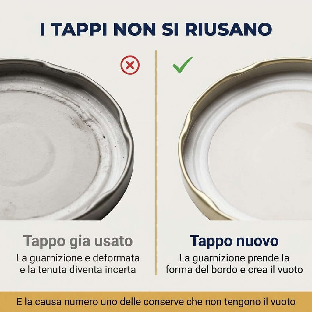 Importanza di usare tappi nuovi per vasi in vetro per conserve per garantire il sottovuoto ed evitare guarnizioni deformate.
