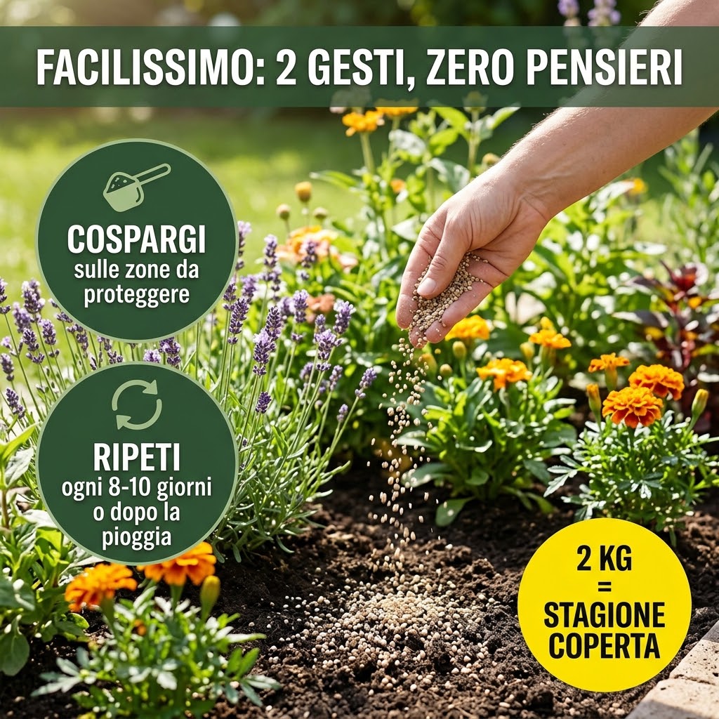 Mano che distribuisce disabituante granulare repellenti naturali nel giardino per proteggere piante e aiuole.